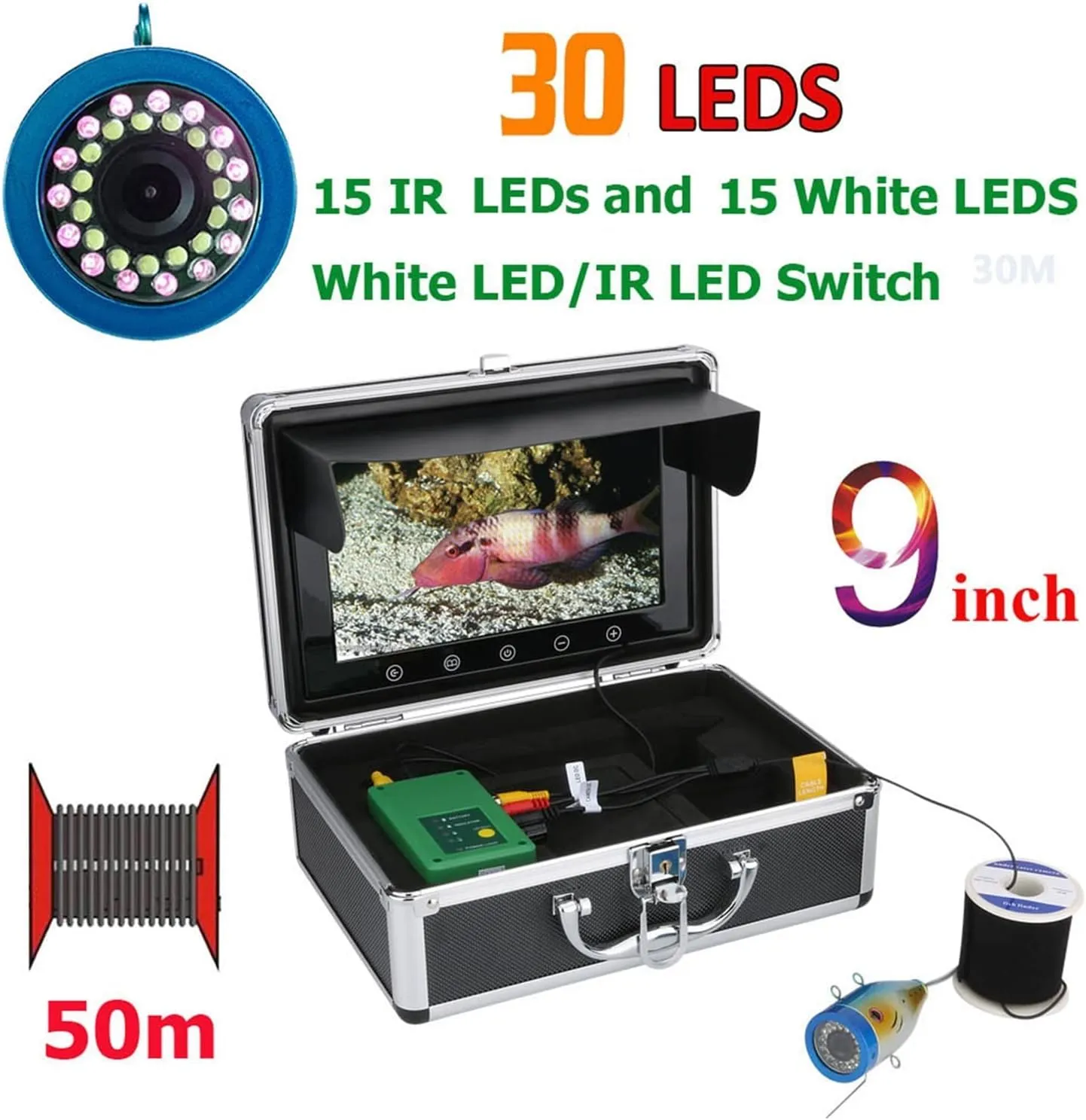 Fishing Camera, 9 Inch 15M/30M/50M Fish Finder Underwater Fishing Camera 15pcs White LEDs   15pcs Infrared Lamp for Ice/Sea/River Fishing(F003A-2L-50M)