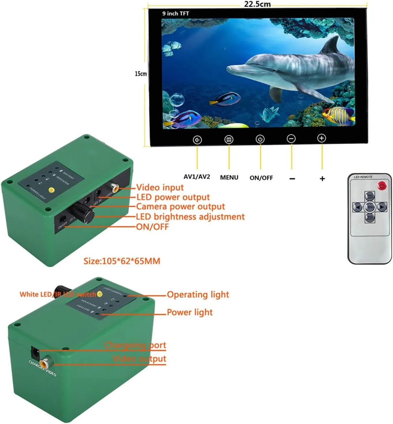 Fishing Camera, 9 Inch 15M/30M/50M Fish Finder Underwater Fishing Camera 15pcs White LEDs   15pcs Infrared Lamp for Ice/Sea/River Fishing(F003A-2L-50M)