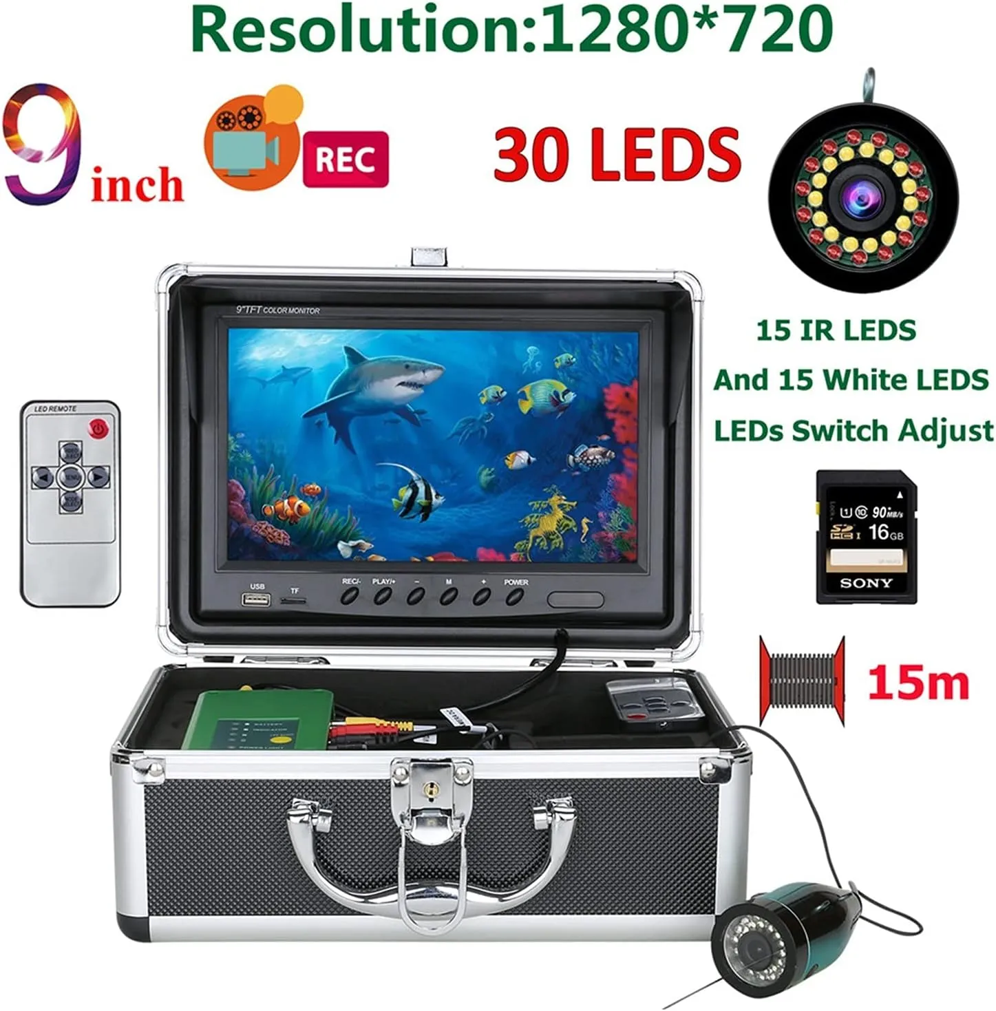 Fishing Camera, 9 Inch DVR Fish Finder Underwater Fishing 1080P Camera 16G HD 1280 * 720 Screen Double LEDs 15M 30M Camera for Ice Sea Fishing(F9AD 2L 15M Cable)