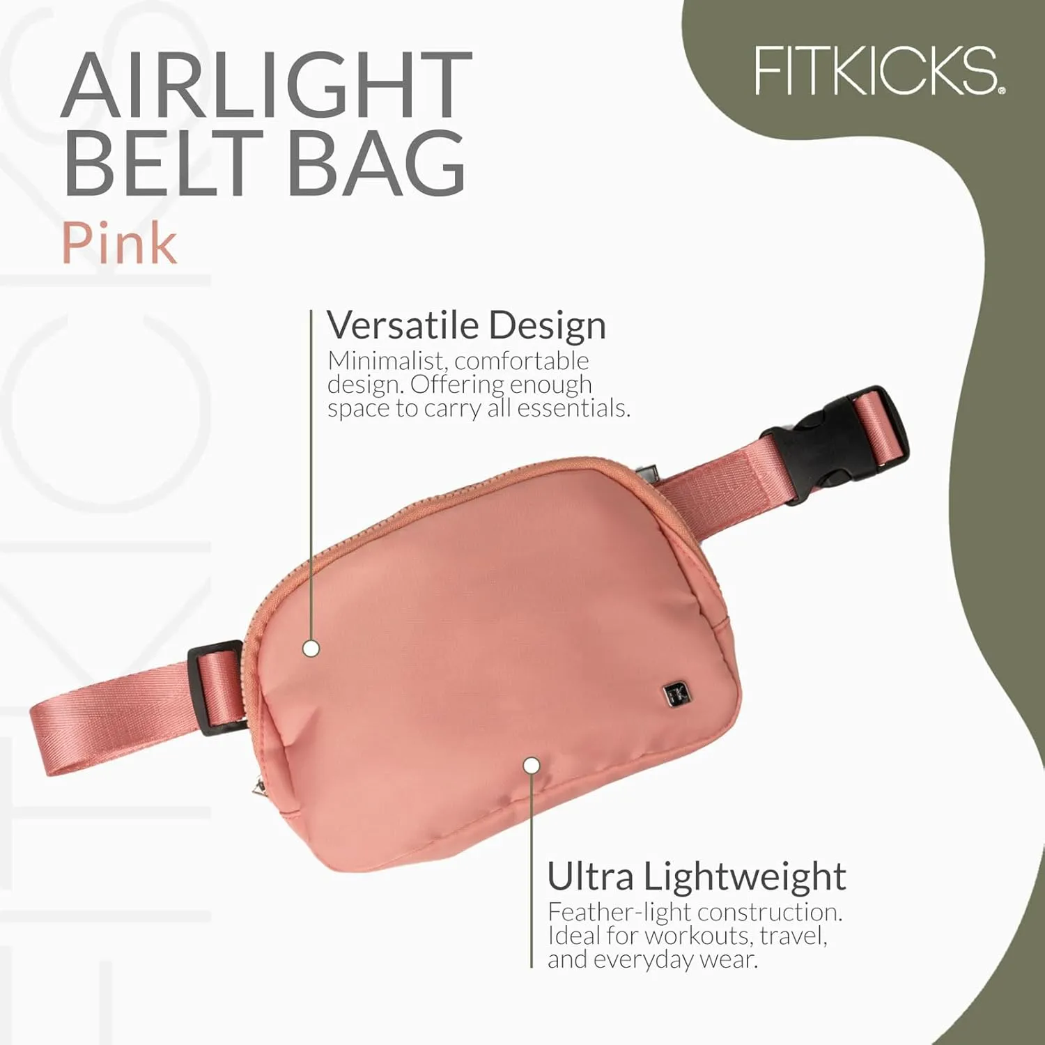 FITKICKS Airlight Belt Bag Lightweight Fanny Pack, Waist Pouch with Adjustable Strap - Pink