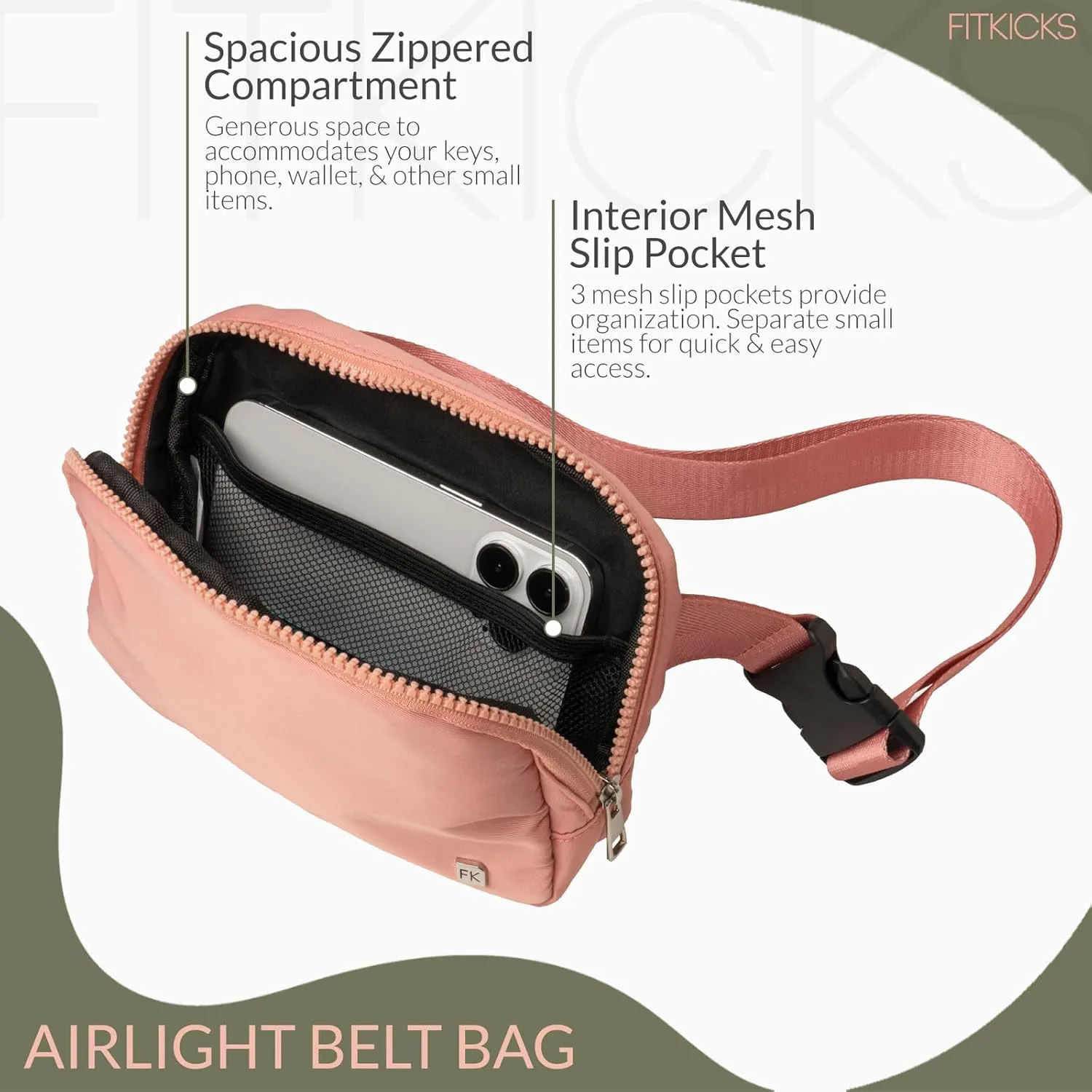 FITKICKS Airlight Belt Bag Lightweight Fanny Pack, Waist Pouch with Adjustable Strap - Pink