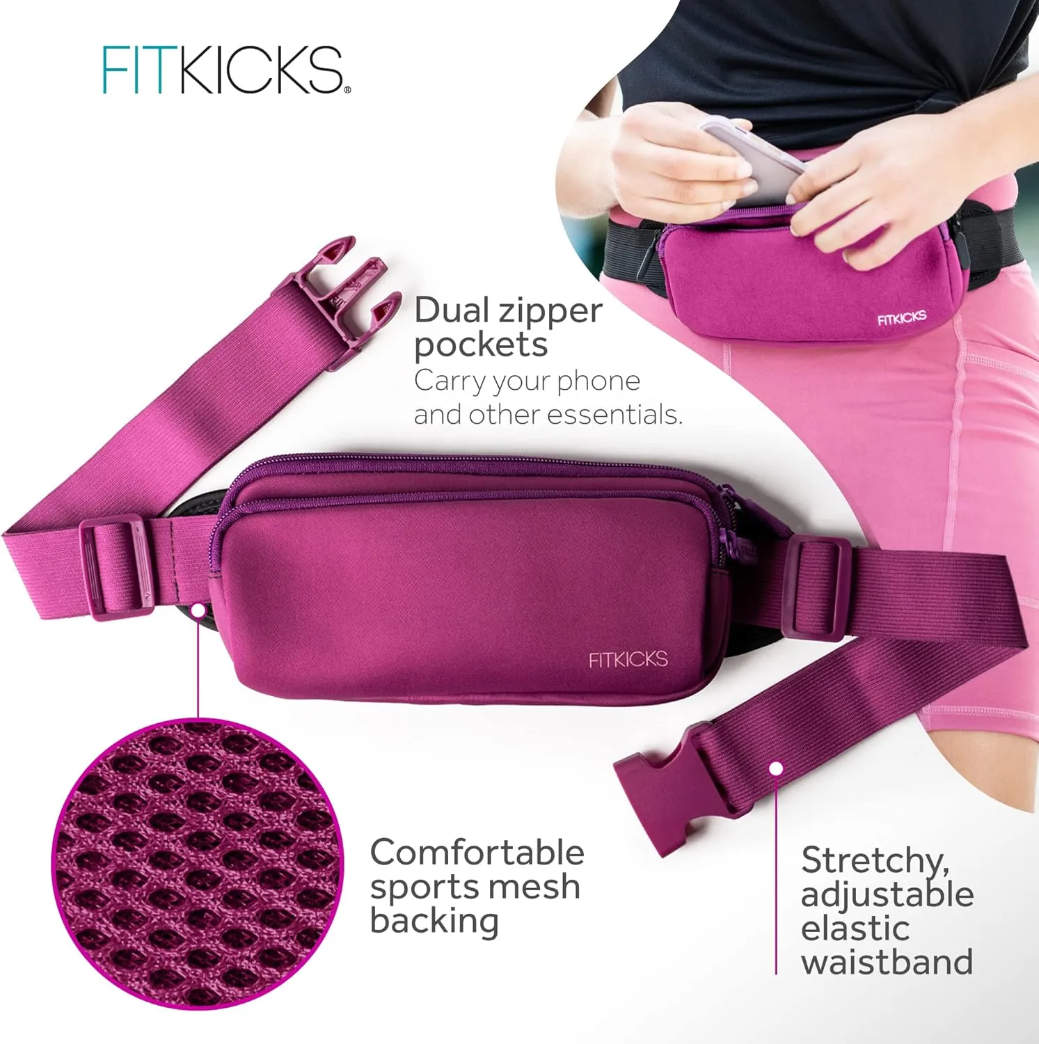 FITKICKS Fitzip Belt Bag and Crossbody Fanny Pack, Waist Pouch with Adjustable Strap - Purple