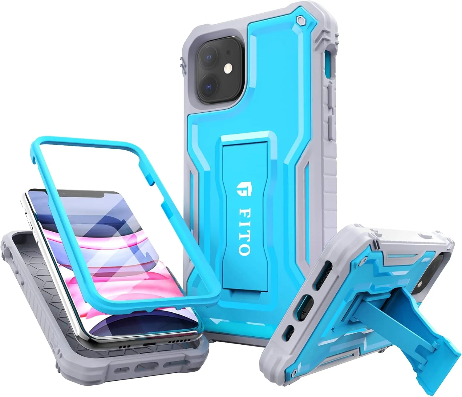 FITO Compatible with iPhone 11 Case, Dual Layer Shockproof Heavy Duty Case with Screen Protector for iPhone 11 and iPhone XR 6.1 inch, Built-in Kickstand (Blue)