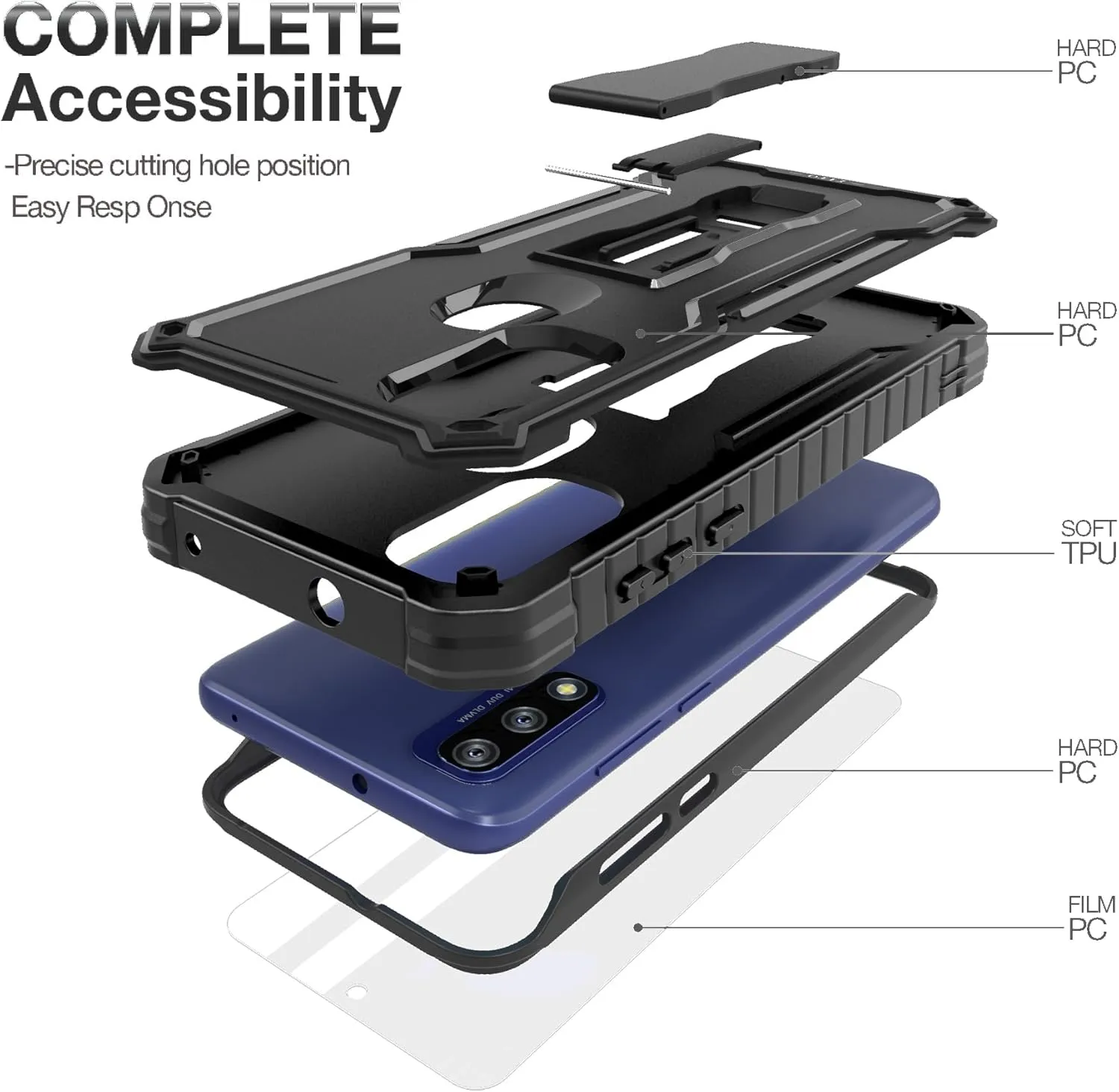 FITO for Moto G Pure Case, Dual Layer Shockproof Heavy Duty Case with a Glass Screen Protector, Built-in Kickstand (Black)