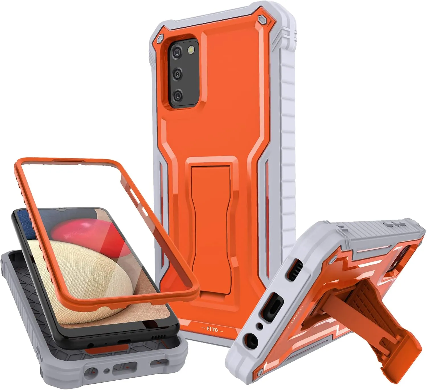 FITO for Samsung A02S Case, Dual Layer Shockproof Heavy Duty Case for Samsung Galaxy A02S Phone with Screen Protector, Built-in Kickstand (Orange)