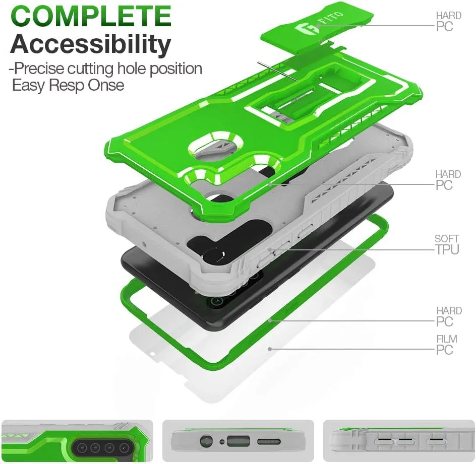 FITO for Samsung Galaxy A21 Case, Dual Layer Shockproof Heavy Duty Case with Screen Protector for Samsung A21 Phone, Built-in Kickstand (Green)