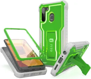 FITO for Samsung Galaxy A21 Case, Dual Layer Shockproof Heavy Duty Case with Screen Protector for Samsung A21 Phone, Built-in Kickstand (Green)