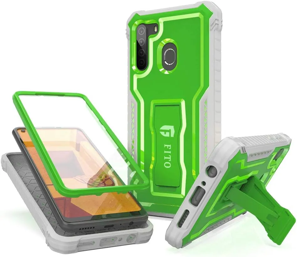 FITO for Samsung Galaxy A21 Case, Dual Layer Shockproof Heavy Duty Case with Screen Protector for Samsung A21 Phone, Built-in Kickstand (Green)