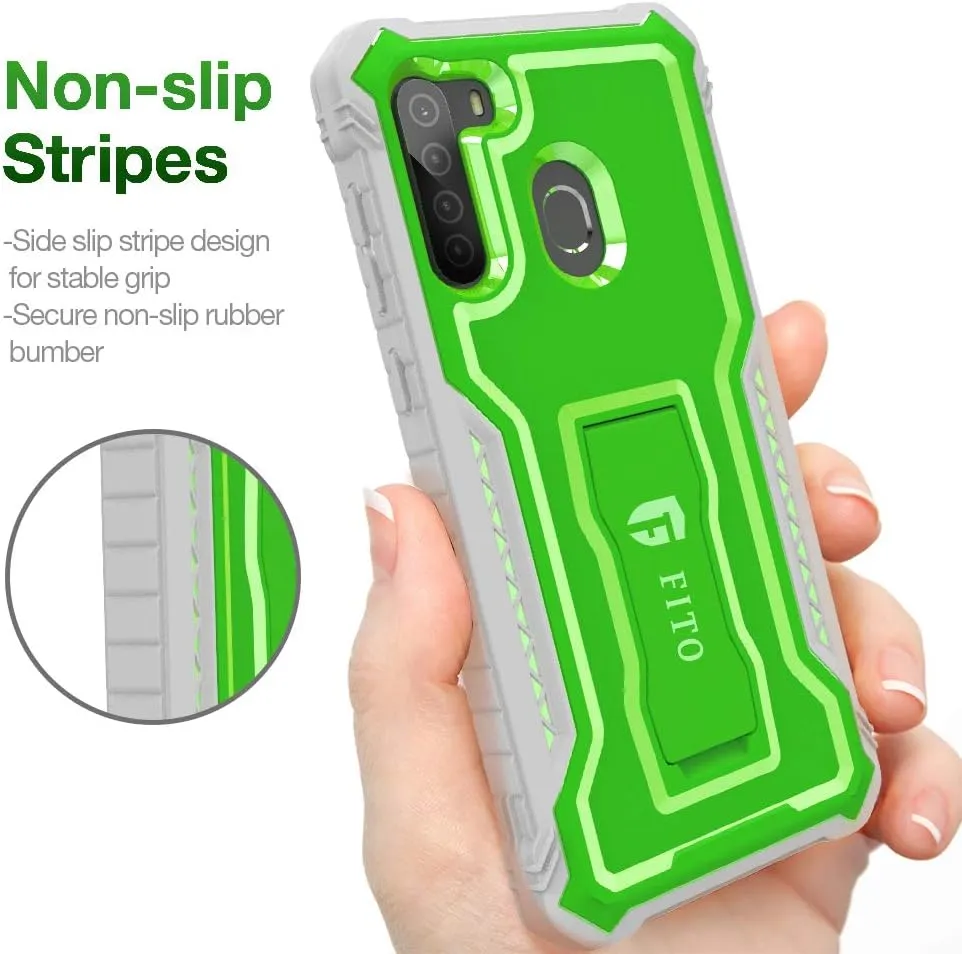 FITO for Samsung Galaxy A21 Case, Dual Layer Shockproof Heavy Duty Case with Screen Protector for Samsung A21 Phone, Built-in Kickstand (Green)