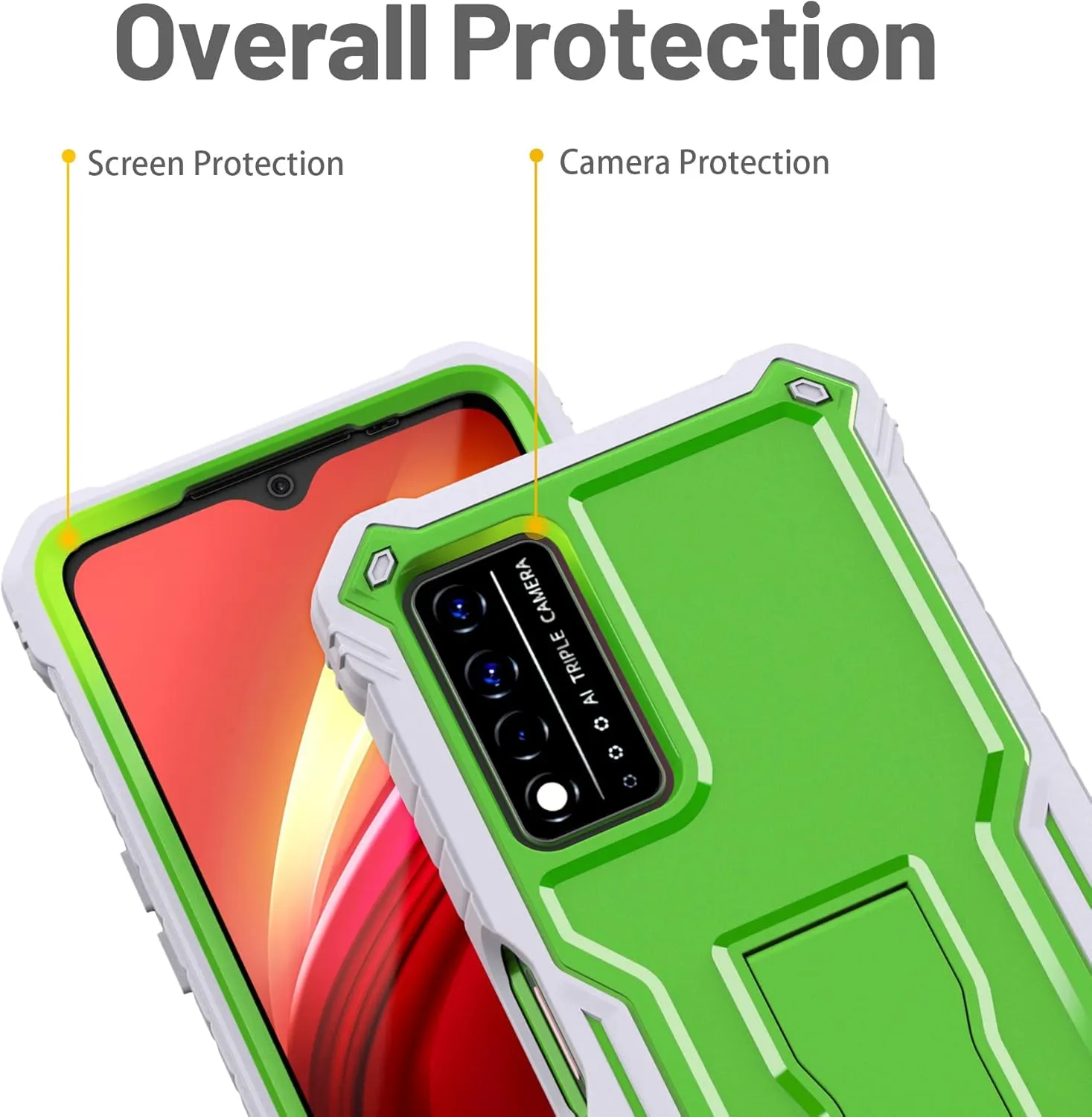 FITO for T-Mobile REVVL V Plus 5G Case, Dual Layer Shockproof Heavy Duty Case for T-Mobile REVVL V Plus 5G Phone with Screen Protector, Built in Kickstand (Green)