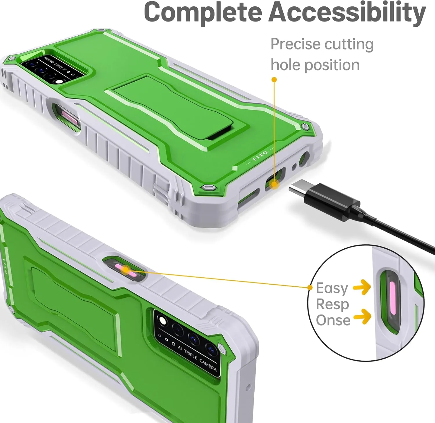 FITO for T-Mobile REVVL V Plus 5G Case, Dual Layer Shockproof Heavy Duty Case for T-Mobile REVVL V Plus 5G Phone with Screen Protector, Built in Kickstand (Green)
