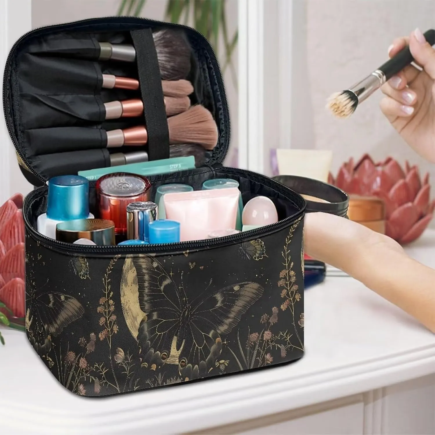 Flashideas Black Butterfly Makeup Bag for Travel Large Opening Design Makeup Bag Multifunctional Makeup Easy to Hold Portable Storage Bag Birthday Gifts for Sisters Friend