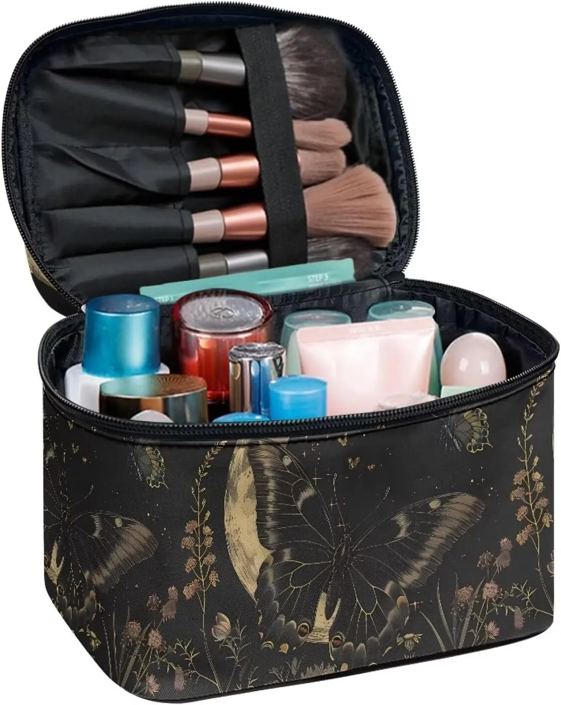 Flashideas Black Butterfly Makeup Bag for Travel Large Opening Design Makeup Bag Multifunctional Makeup Easy to Hold Portable Storage Bag Birthday Gifts for Sisters Friend