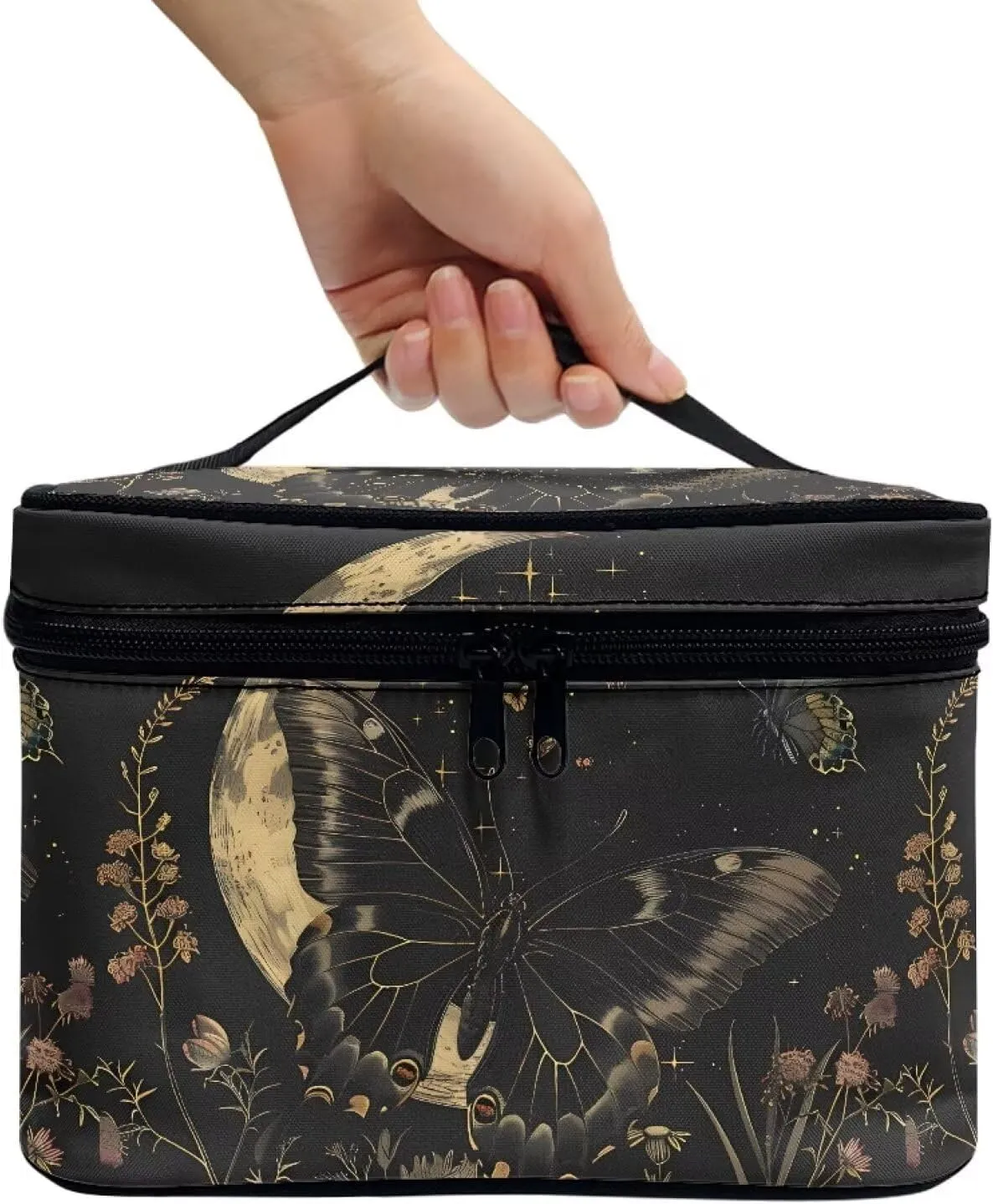 Flashideas Black Butterfly Makeup Bag for Travel Large Opening Design Makeup Bag Multifunctional Makeup Easy to Hold Portable Storage Bag Birthday Gifts for Sisters Friend