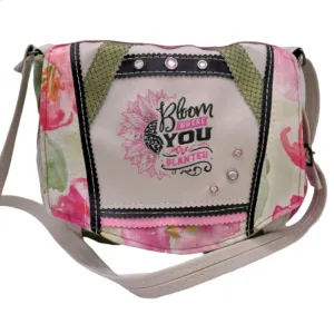 Floral Bloom Messenger Bag, Embroidered Flower Crossbody, Upcycled Leather Purse, Handmade Embroidered Purse