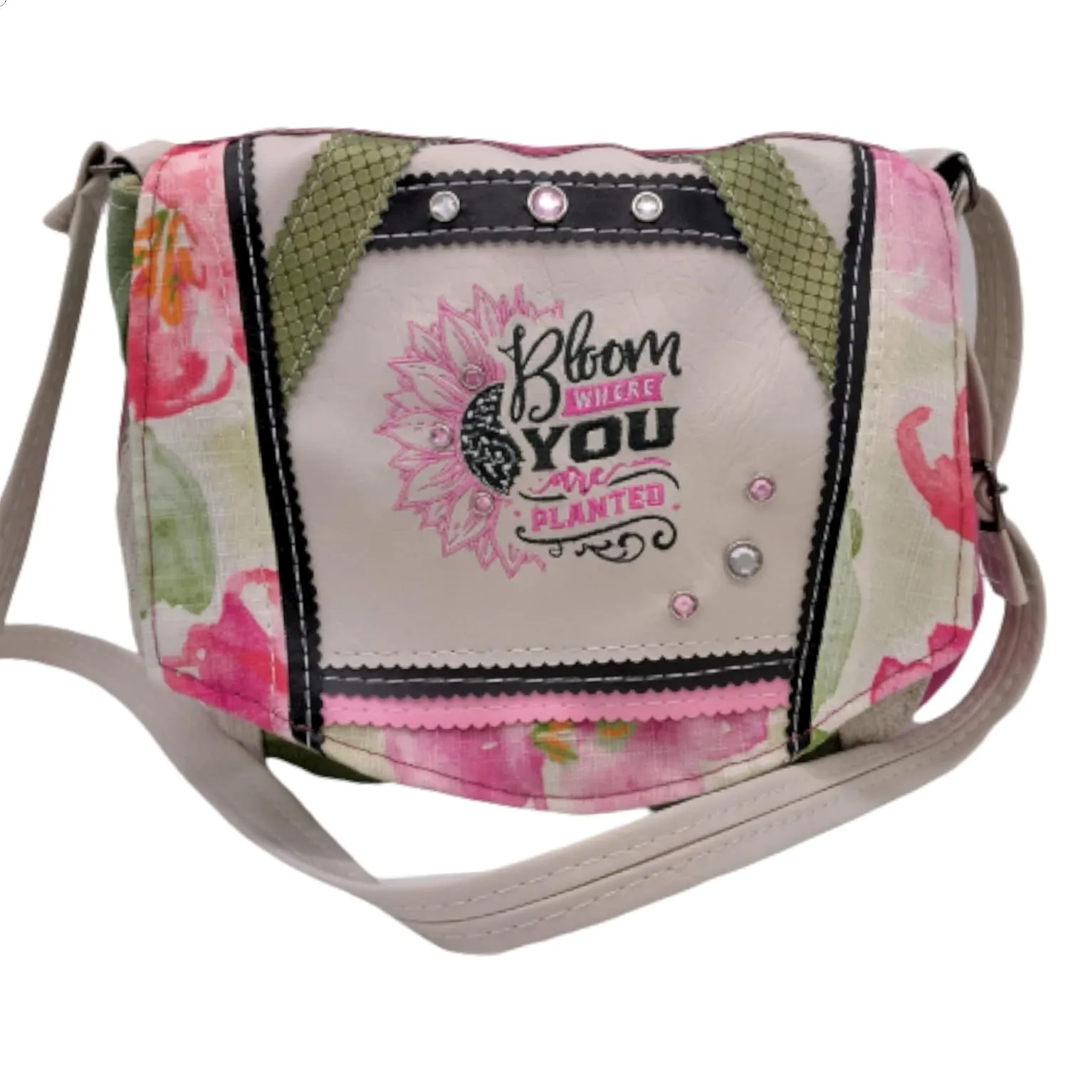 Floral Bloom Messenger Bag, Embroidered Flower Crossbody, Upcycled Leather Purse, Handmade Embroidered Purse