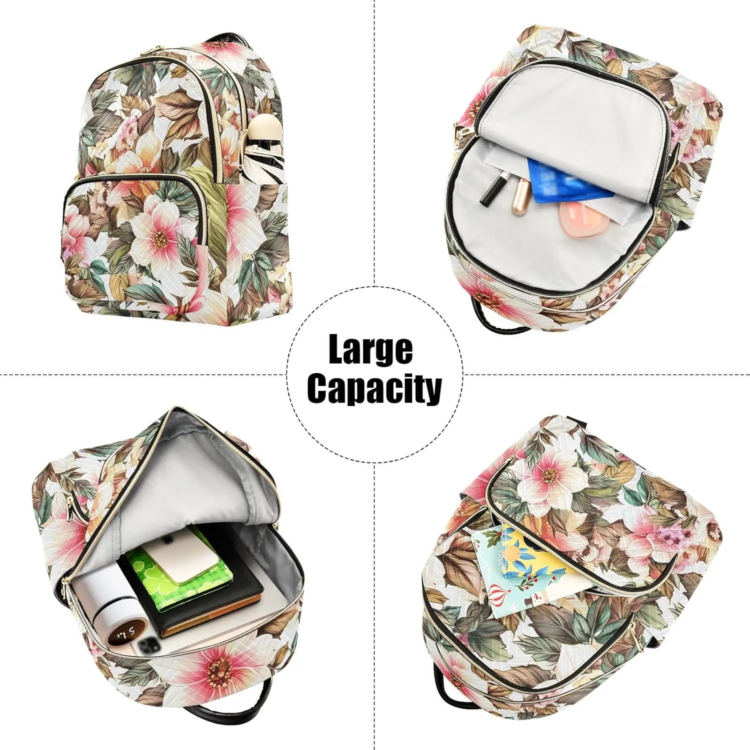 Floral Blossom Foliage White Backpack Purse for Women Shoulder Bag with Anti-theft Back for Ladies Travel M