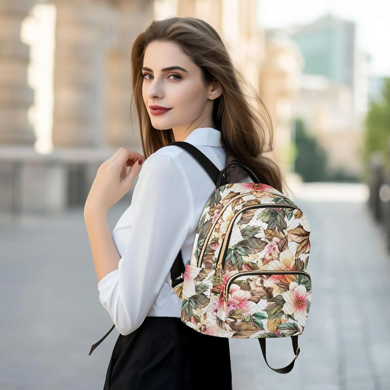 Floral Blossom Foliage White Backpack Purse for Women Shoulder Bag with Anti-theft Back for Ladies Travel M