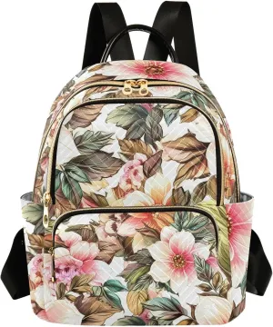 Floral Blossom Foliage White Backpack Purse for Women Shoulder Bag with Anti-theft Back for Ladies Travel M