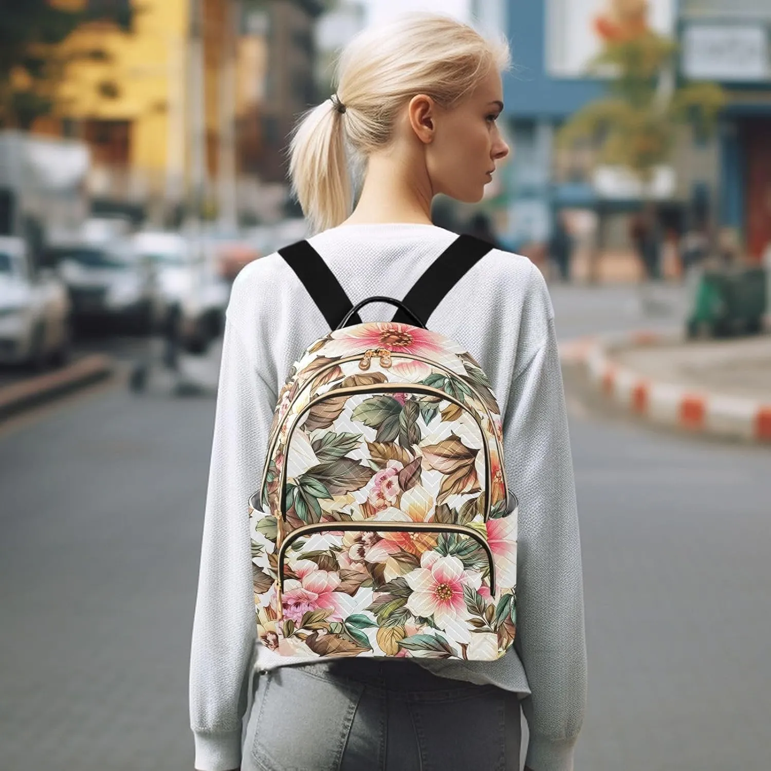 Floral Blossom Foliage White Backpack Purse for Women Shoulder Bag with Anti-theft Back for Ladies Travel M