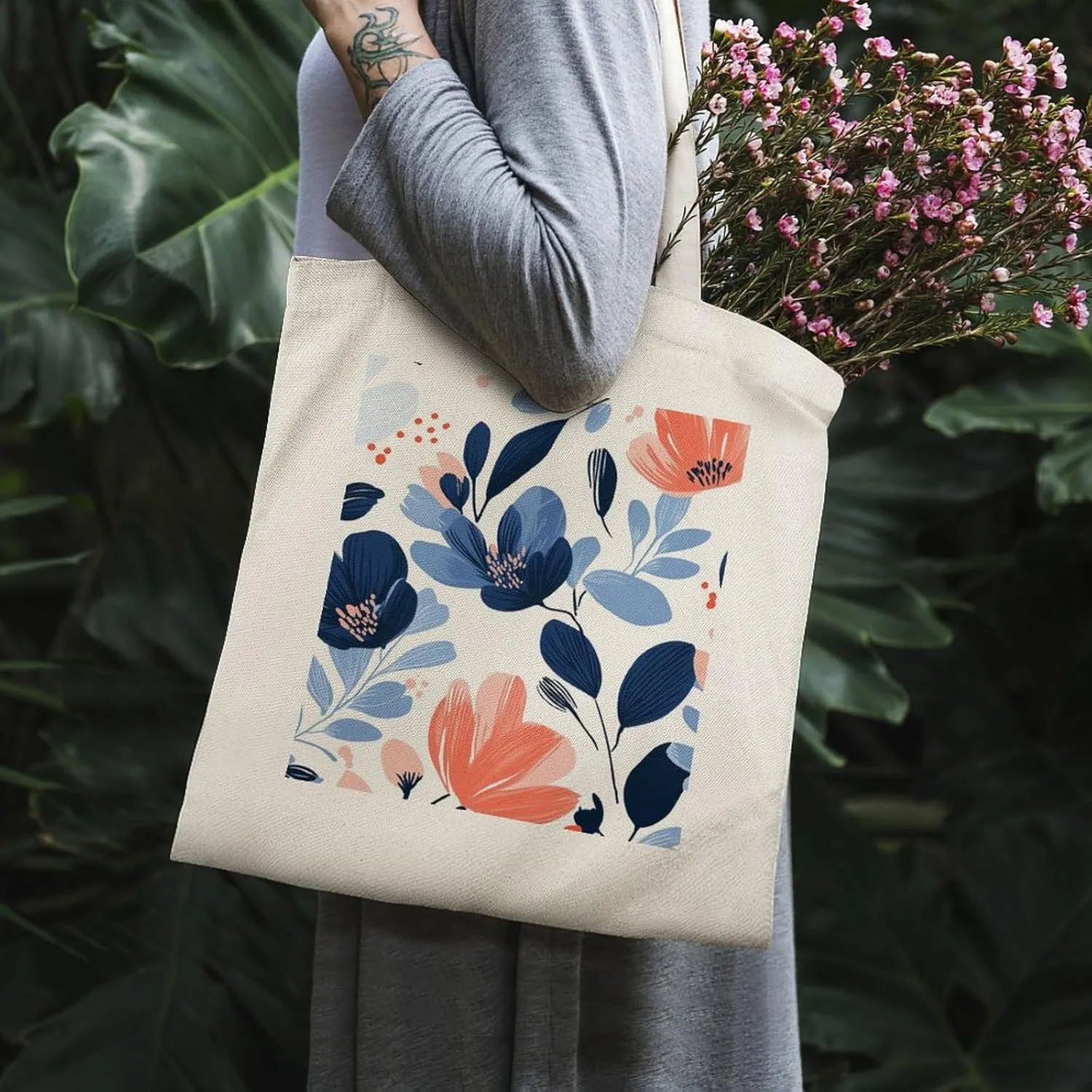 Floral Print Canvas Lightweight Tote Bags Casual Handbags Reusable Grocery Shopping Bag 13.4x15.8in