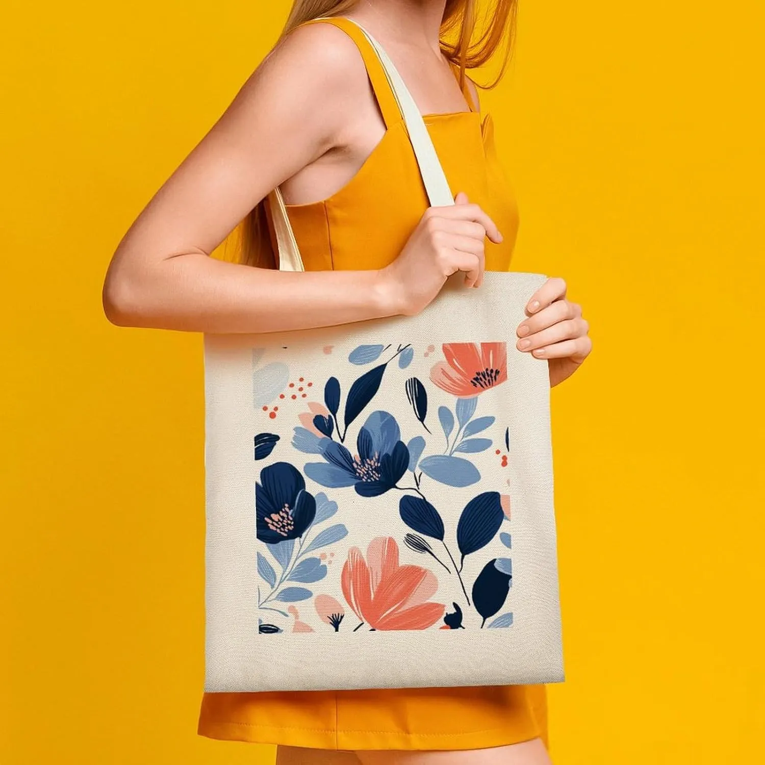 Floral Print Canvas Lightweight Tote Bags Casual Handbags Reusable Grocery Shopping Bag 13.4x15.8in