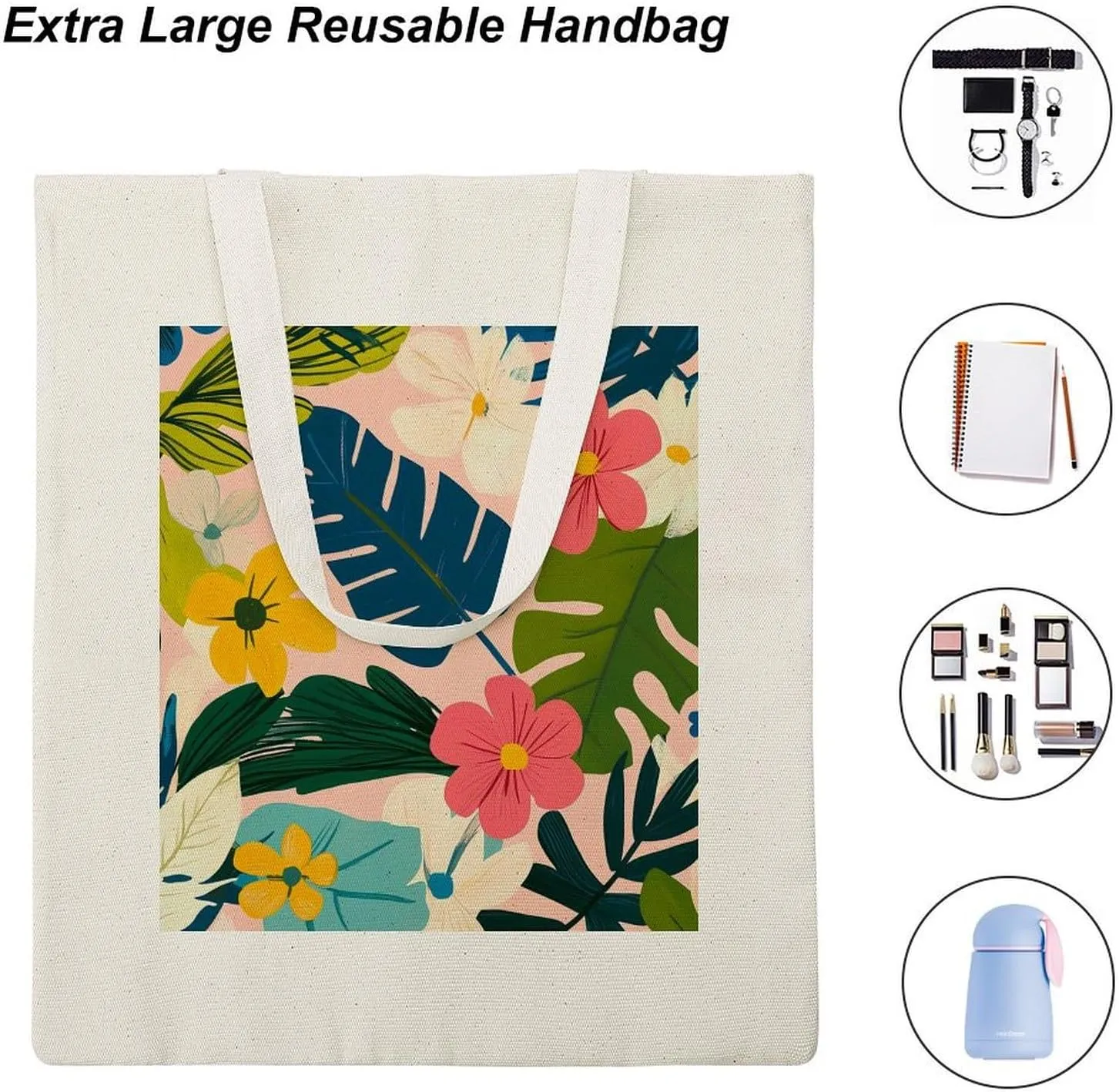 Floral Print Canvas Lightweight Tote Bags Casual Handbags Reusable Grocery Shopping Bag 13.4x15.8in