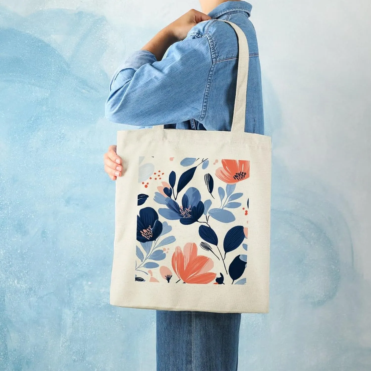Floral Print Canvas Lightweight Tote Bags Casual Handbags Reusable Grocery Shopping Bag 13.4x15.8in