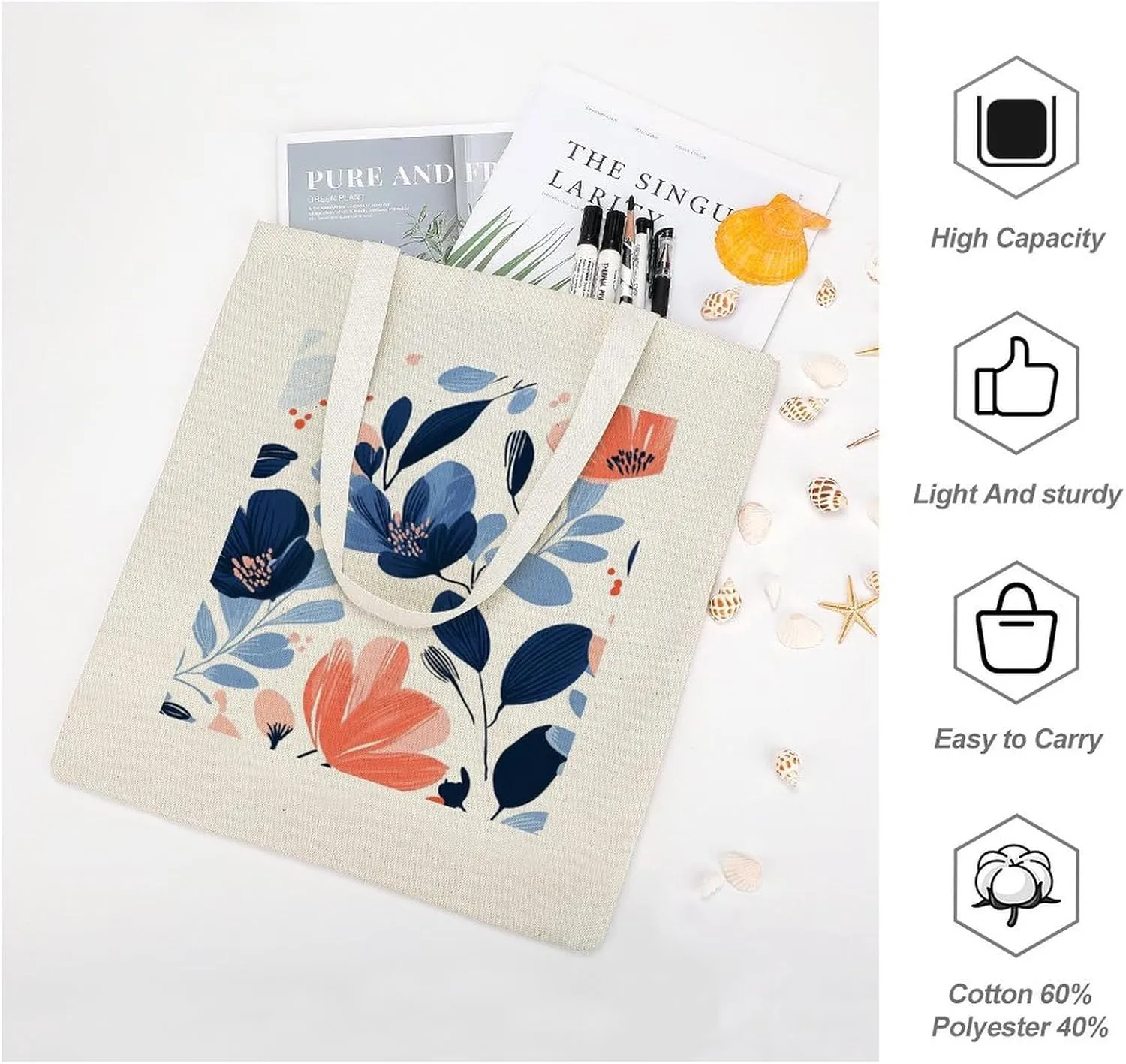 Floral Print Canvas Lightweight Tote Bags Casual Handbags Reusable Grocery Shopping Bag 13.4x15.8in
