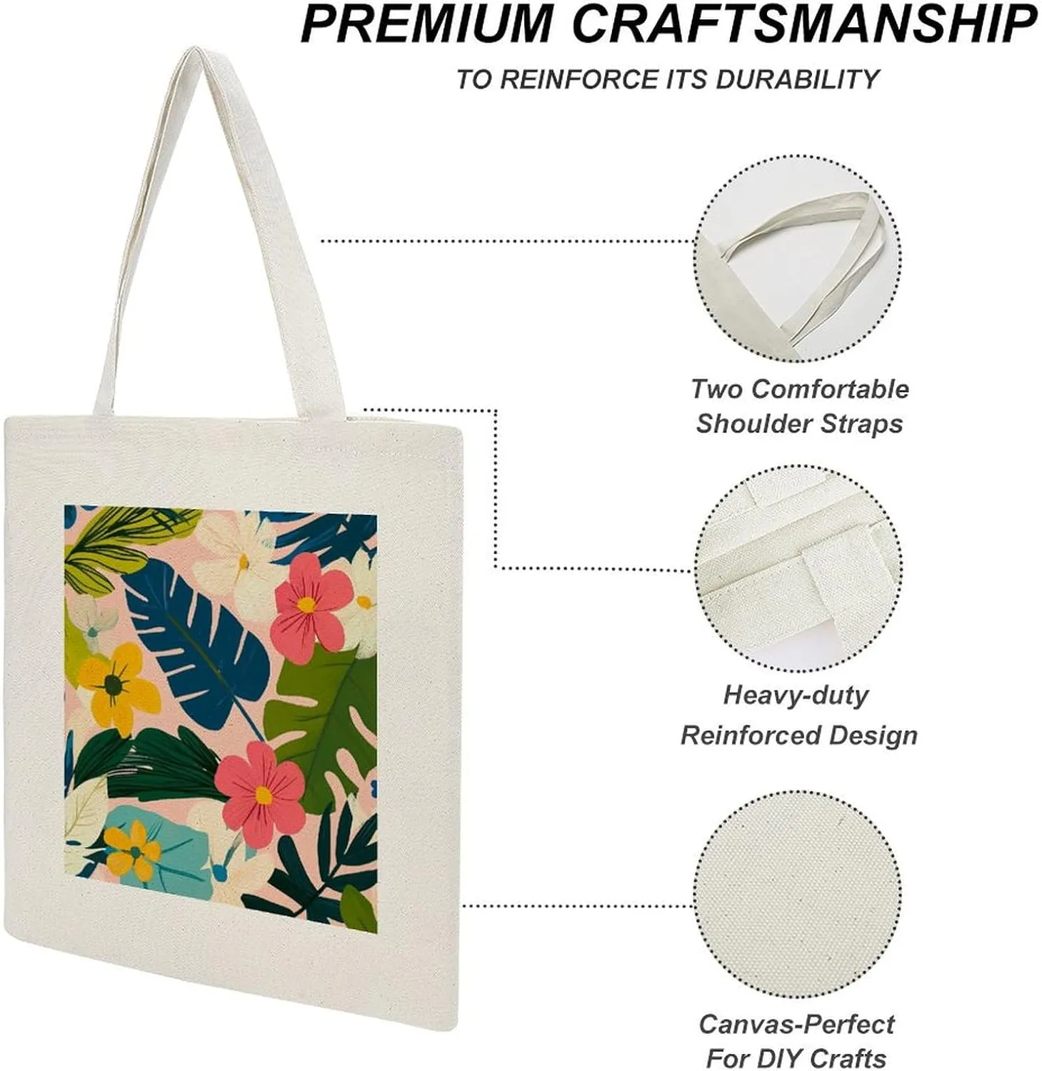 Floral Print Canvas Lightweight Tote Bags Casual Handbags Reusable Grocery Shopping Bag 13.4x15.8in