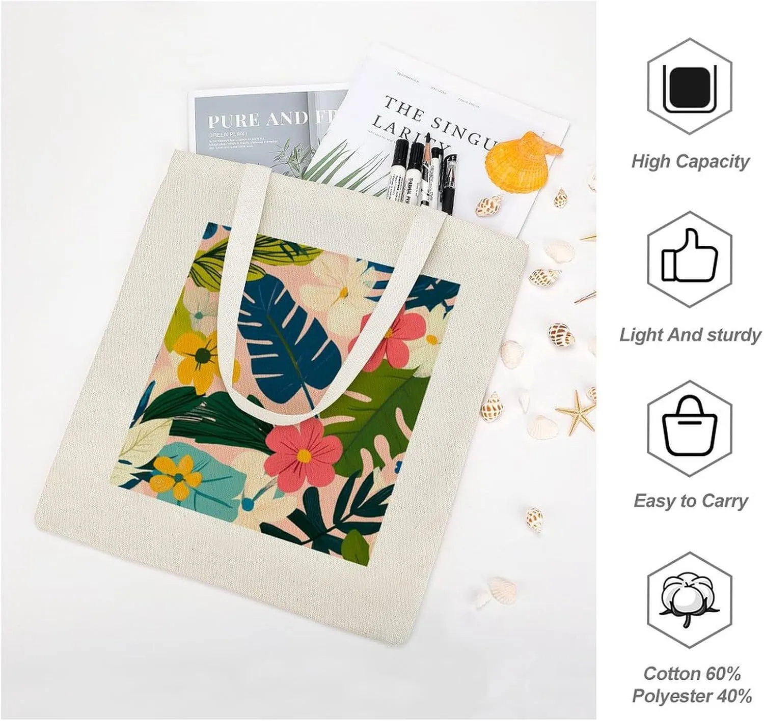 Floral Print Canvas Lightweight Tote Bags Casual Handbags Reusable Grocery Shopping Bag 13.4x15.8in