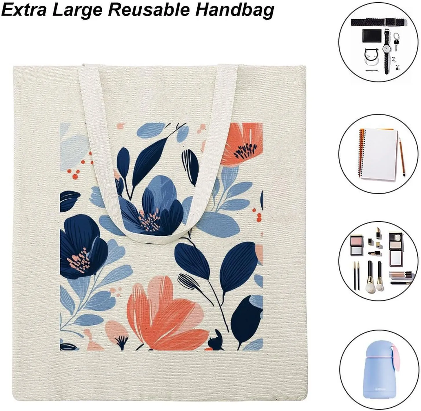 Floral Print Canvas Lightweight Tote Bags Casual Handbags Reusable Grocery Shopping Bag 13.4x15.8in