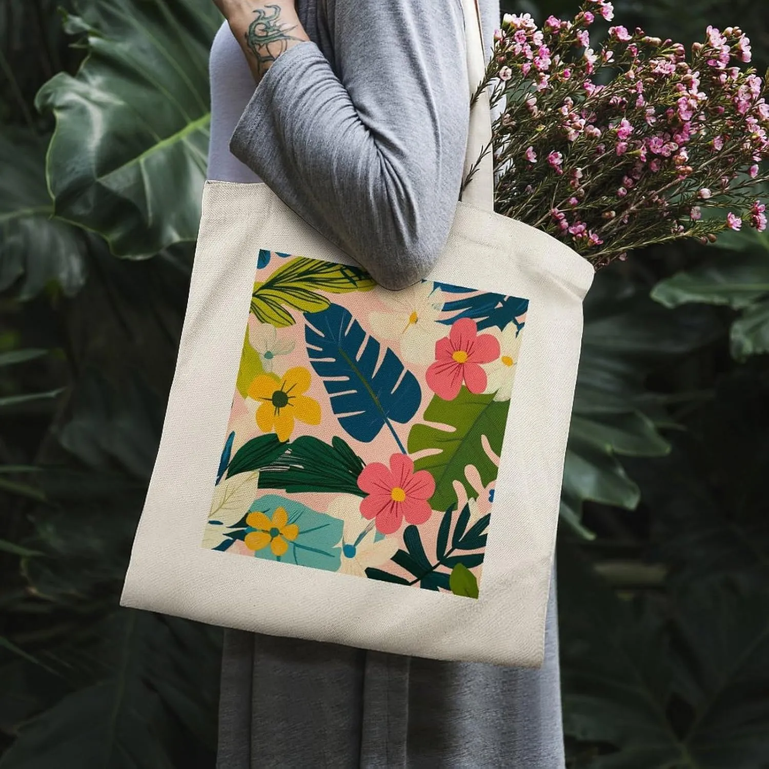 Floral Print Canvas Lightweight Tote Bags Casual Handbags Reusable Grocery Shopping Bag 13.4x15.8in