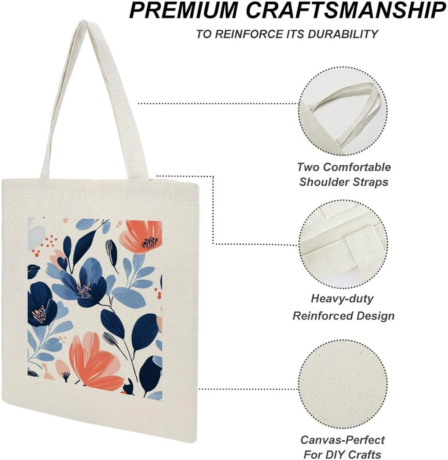Floral Print Canvas Lightweight Tote Bags Casual Handbags Reusable Grocery Shopping Bag 13.4x15.8in