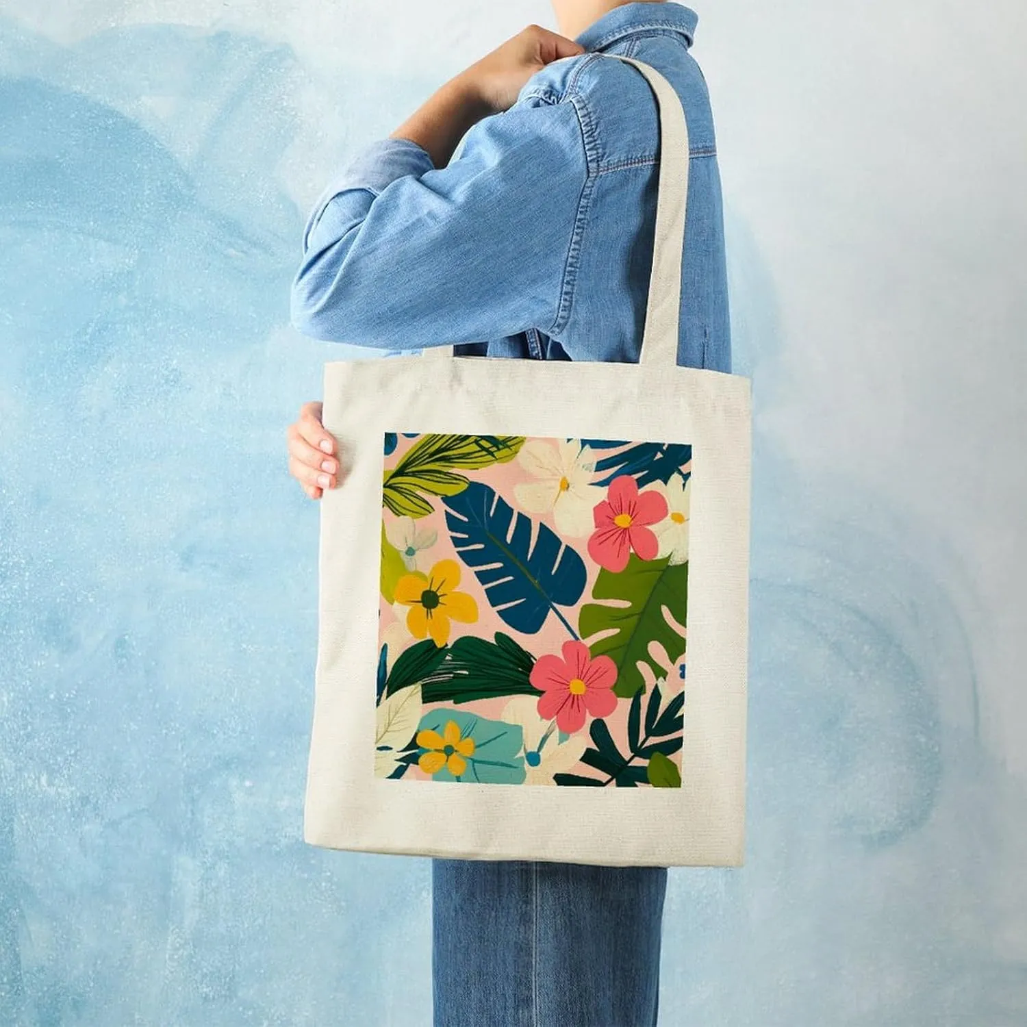 Floral Print Canvas Lightweight Tote Bags Casual Handbags Reusable Grocery Shopping Bag 13.4x15.8in