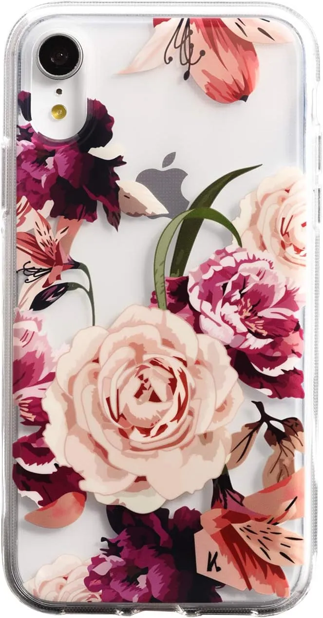 Flower Case for iPhone XR (6.1 Inch), Floral Pattern Clear Slim Fit Ultra-Thin Girly Design, Shockproof Protective Hard PC Back with Soft TPU Bumper Phone Cover for Girls and Women | Peony