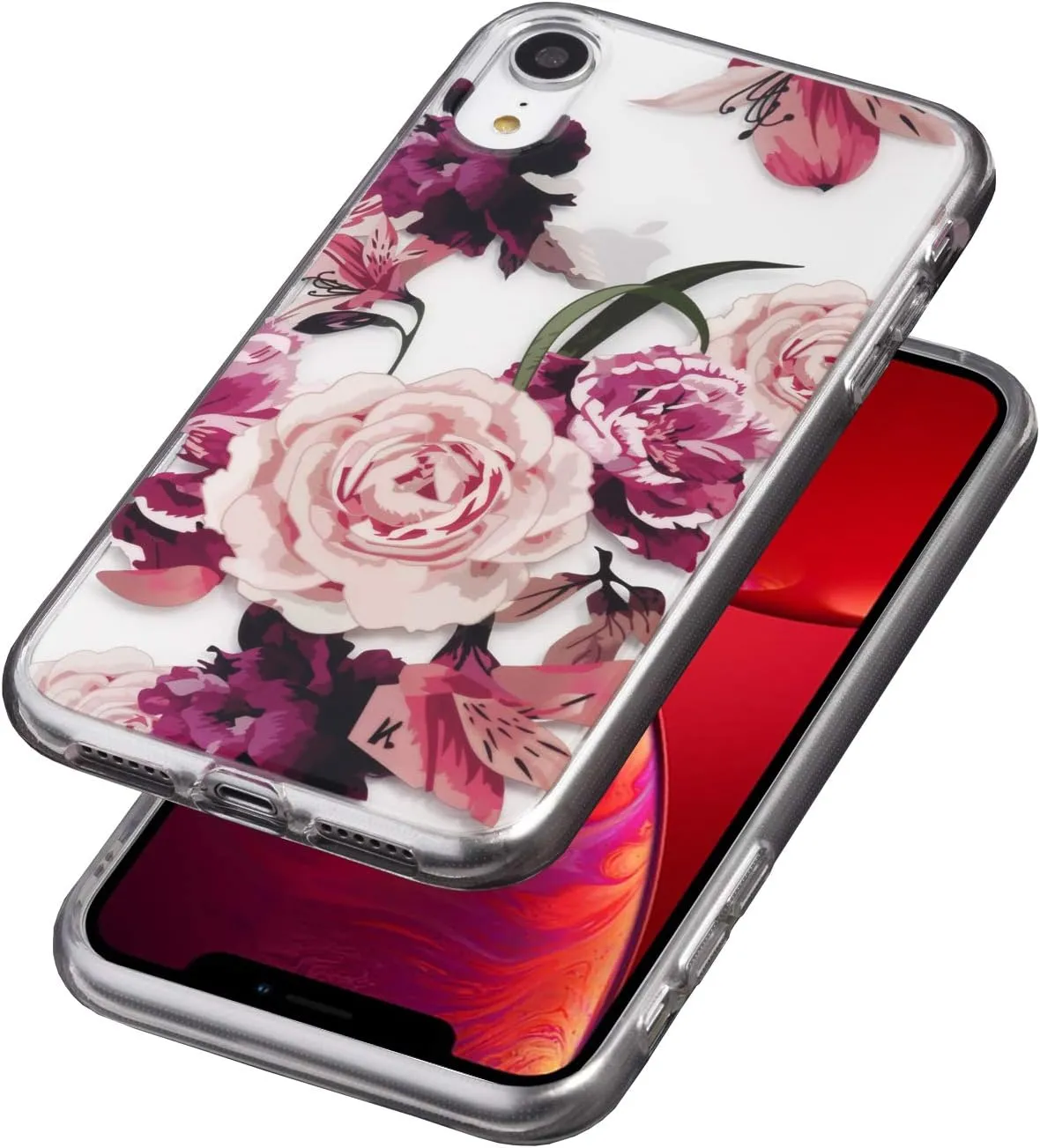 Flower Case for iPhone XR (6.1 Inch), Floral Pattern Clear Slim Fit Ultra-Thin Girly Design, Shockproof Protective Hard PC Back with Soft TPU Bumper Phone Cover for Girls and Women | Peony