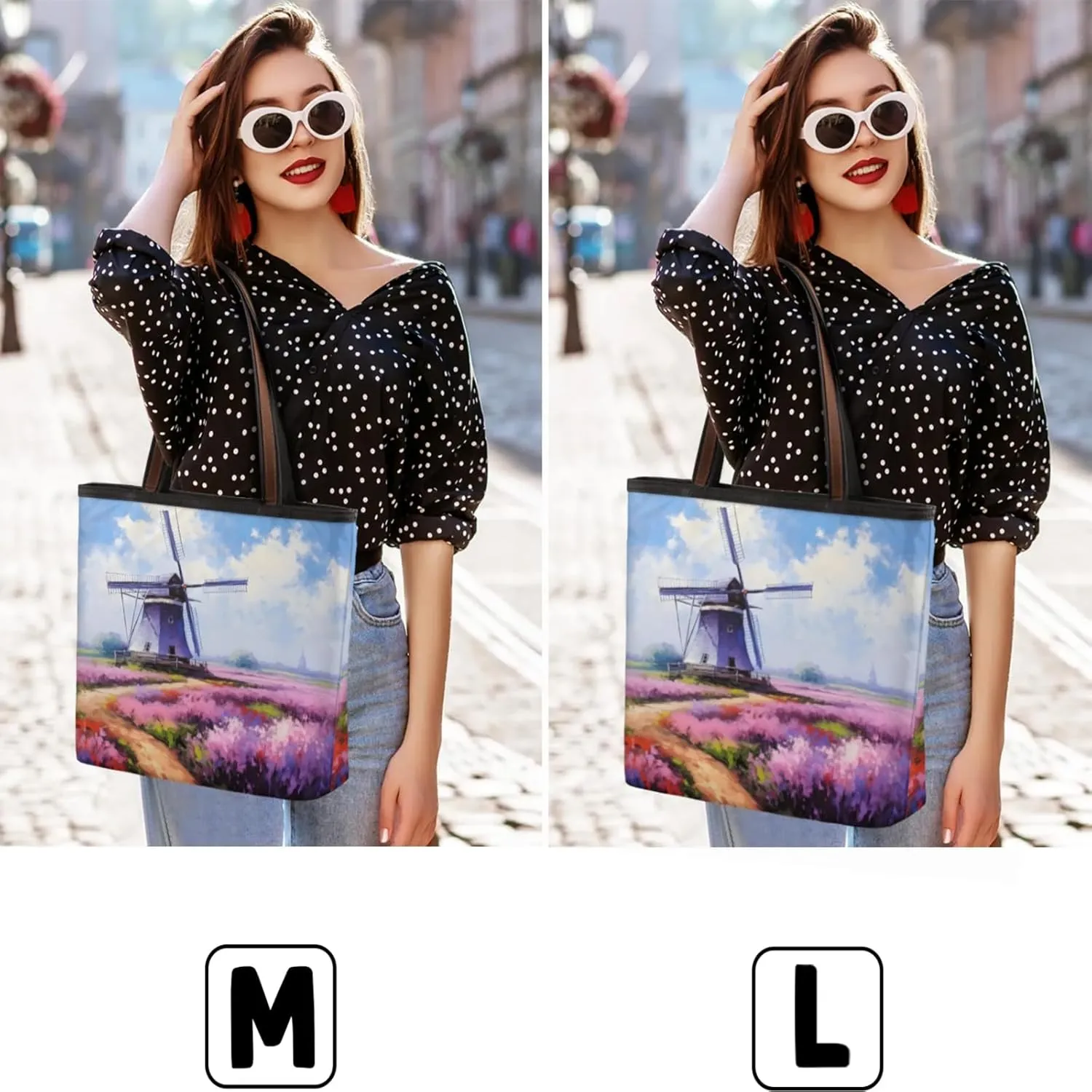 Flower Field Windmill Tote Bag Multi Pocket Zippered Beach Bag Lightweight Waterproof Handbag