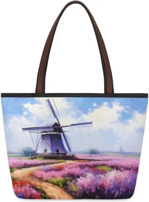 Flower Field Windmill Tote Bag Multi Pocket Zippered Beach Bag Lightweight Waterproof Handbag