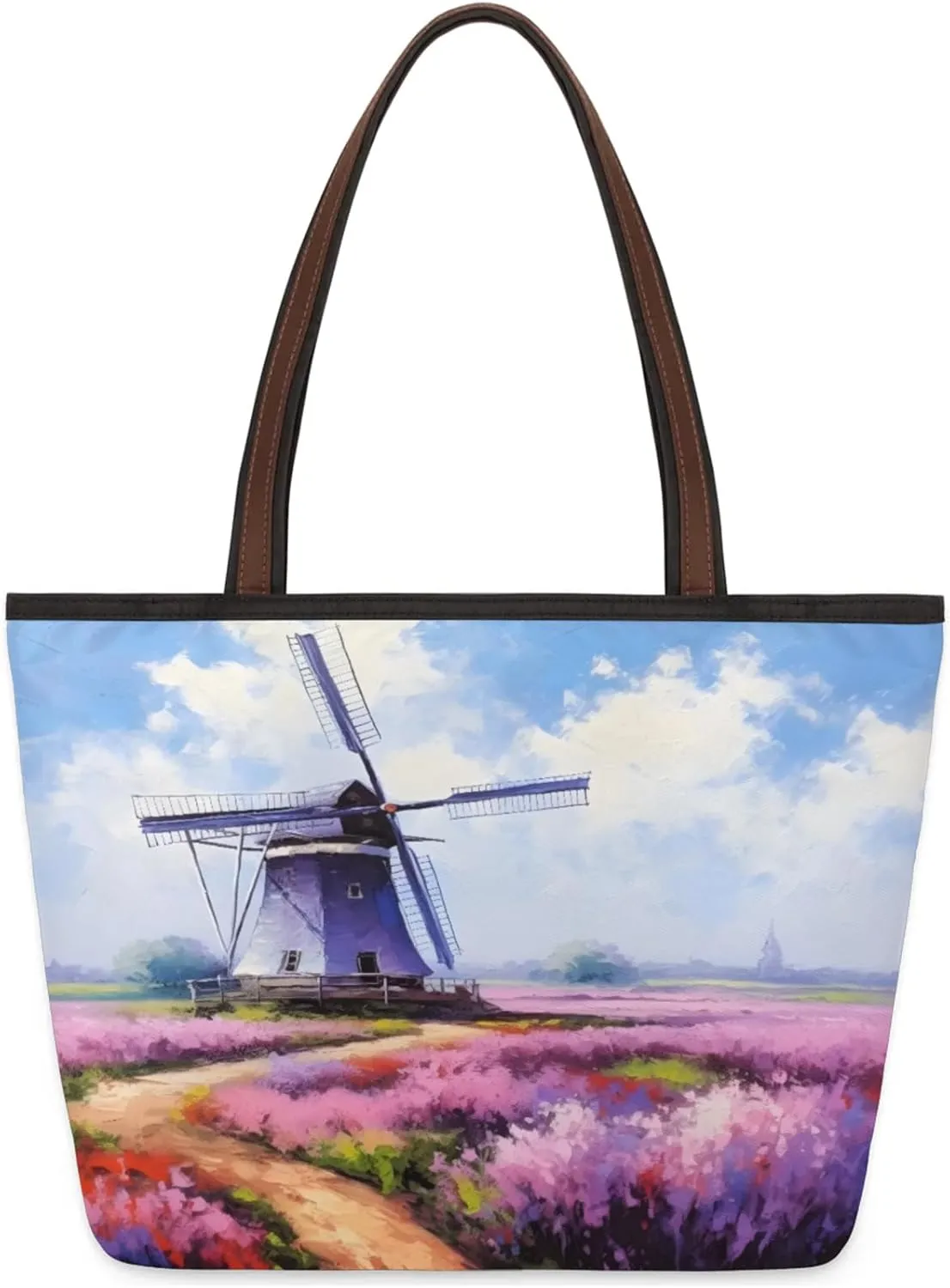 Flower Field Windmill Tote Bag Multi Pocket Zippered Beach Bag Lightweight Waterproof Handbag