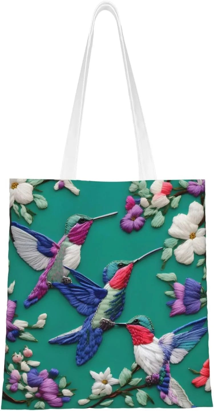 Flower Hummingbirds Embroidery print Canvas Tote Bag for Women,Womens Purse Handbags for Travel Beach Nurse College Gift