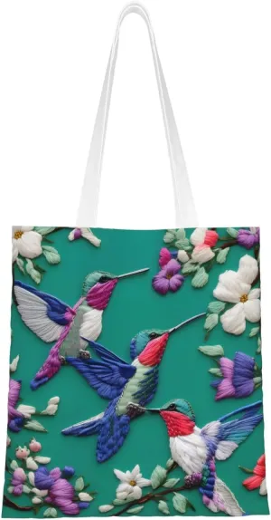 Flower Hummingbirds Embroidery print Canvas Tote Bag for Women,Womens Purse Handbags for Travel Beach Nurse College Gift