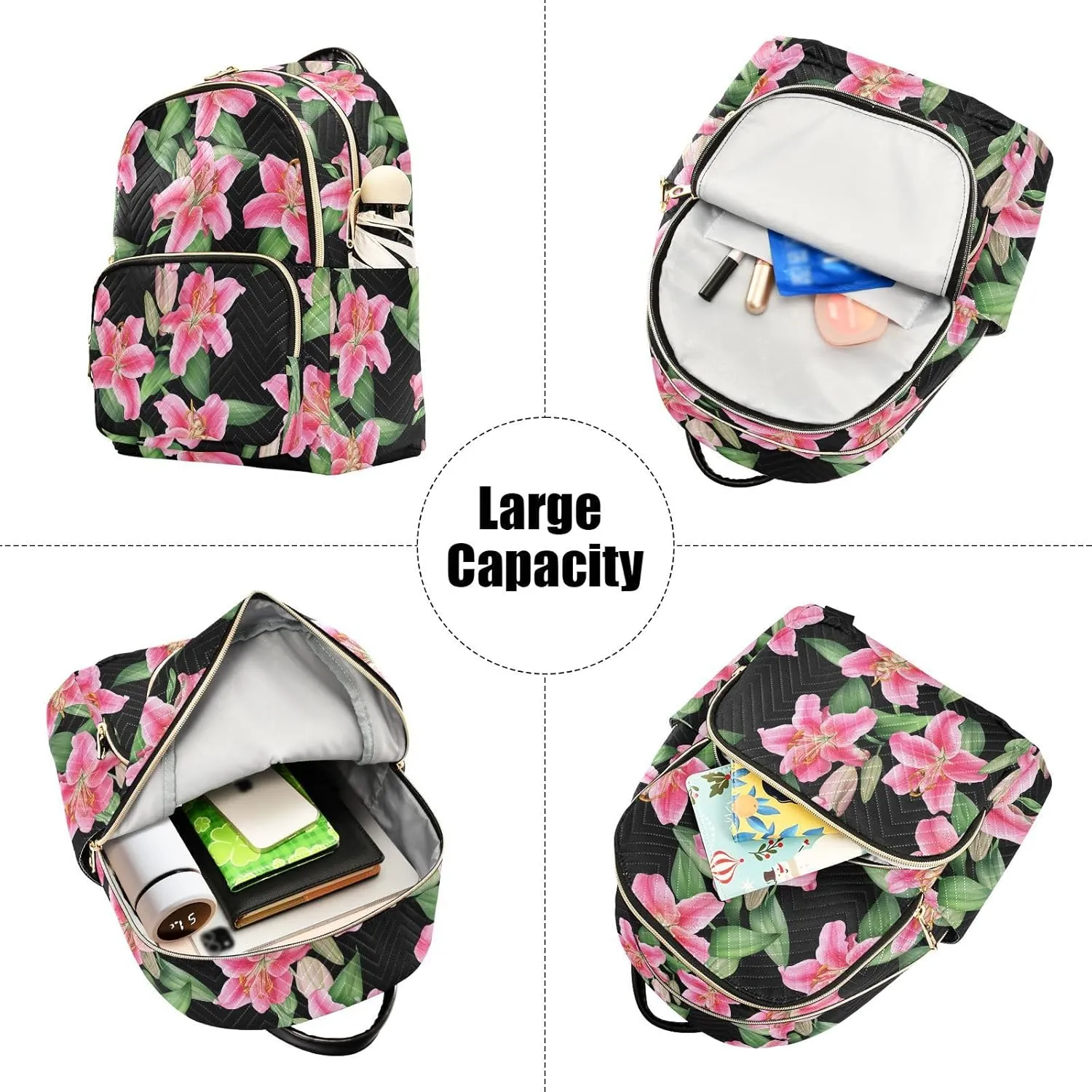 Flowers Foliage Black Backpack Purse for Women Shoulder Travel Daypacks Bags with Anti-theft Back for Ladies Work M