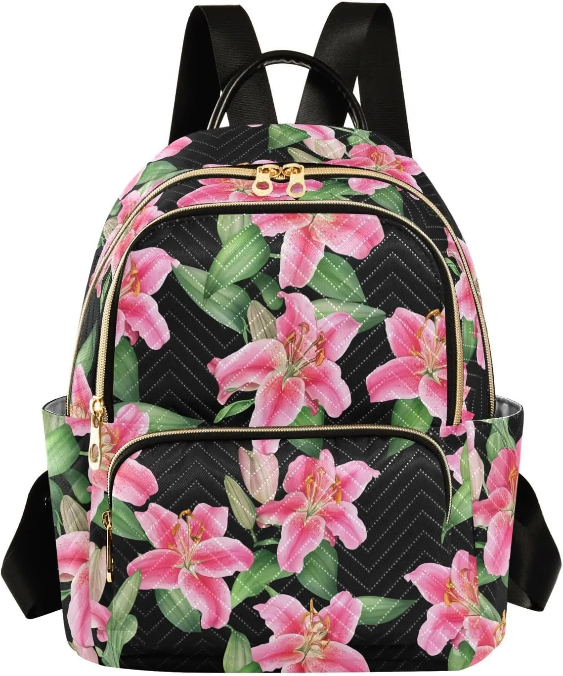 Flowers Foliage Black Backpack Purse for Women Shoulder Travel Daypacks Bags with Anti-theft Back for Ladies Work M