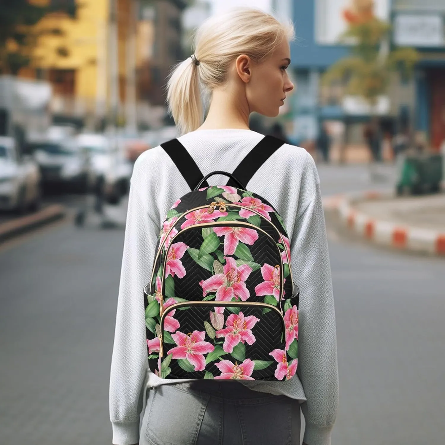 Flowers Foliage Black Backpack Purse for Women Shoulder Travel Daypacks Bags with Anti-theft Back for Ladies Work M