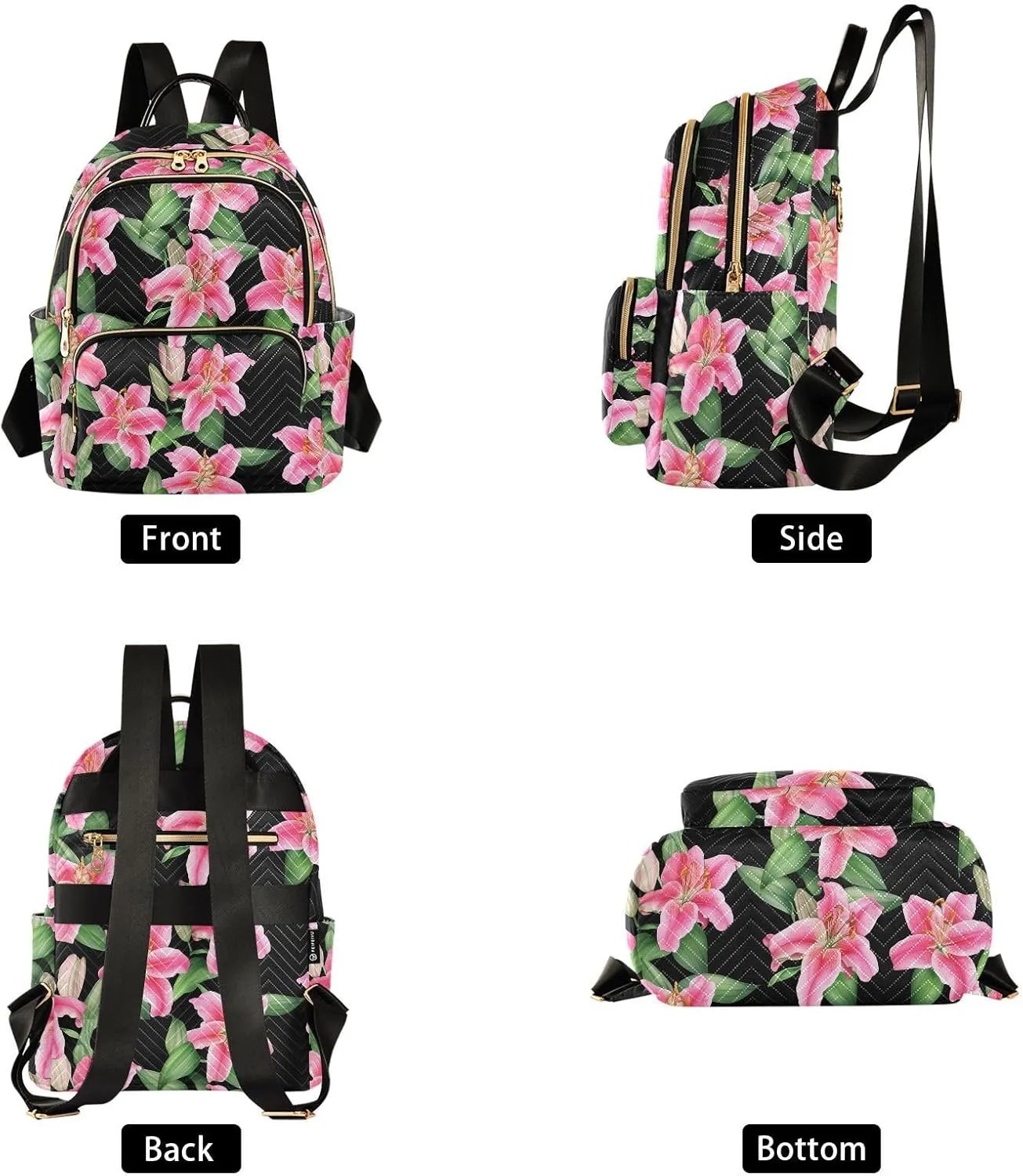 Flowers Foliage Black Backpack Purse for Women Shoulder Travel Daypacks Bags with Anti-theft Back for Ladies Work M