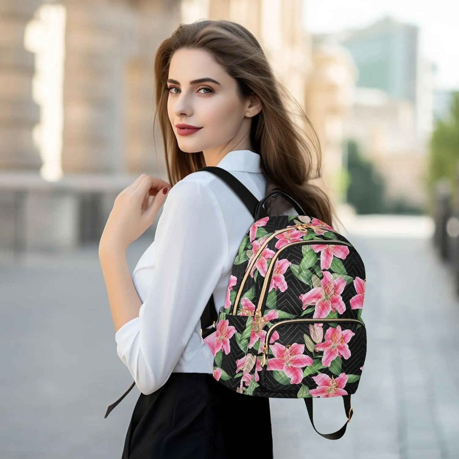 Flowers Foliage Black Backpack Purse for Women Shoulder Travel Daypacks Bags with Anti-theft Back for Ladies Work M