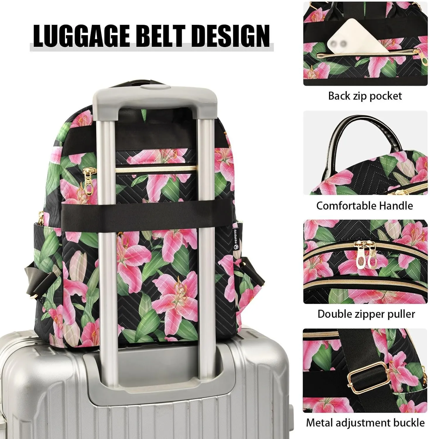 Flowers Foliage Black Backpack Purse for Women Shoulder Travel Daypacks Bags with Anti-theft Back for Ladies Work M