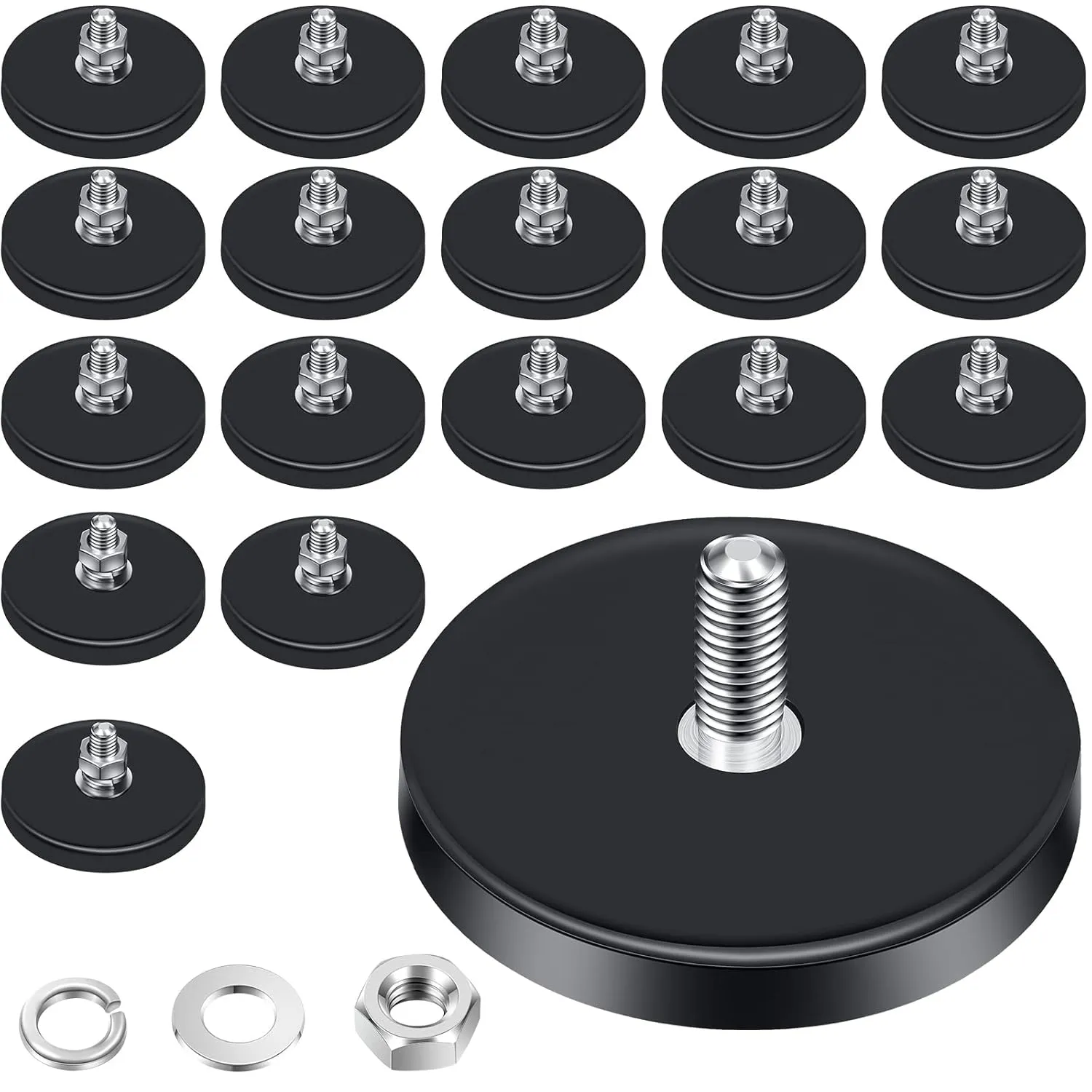 Flutesan Neodymium Magnet Rubber Coated Mounting Small Scratch Safe Black Stud Magnet Painted Surface Waterproof M6 Threaded with Bolts Nuts for Lighting Camera Tools(16 Packs,Black,1.69 Inch)