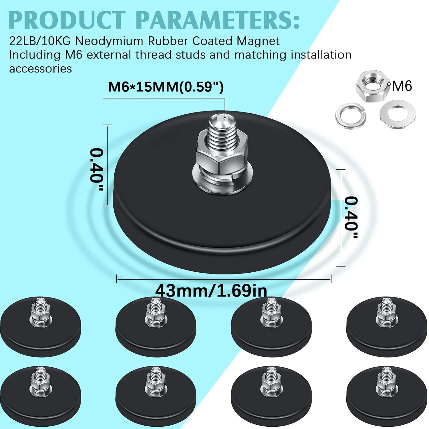 Flutesan Neodymium Magnet Rubber Coated Mounting Small Scratch Safe Black Stud Magnet Painted Surface Waterproof M6 Threaded with Bolts Nuts for Lighting Camera Tools(16 Packs,Black,1.69 Inch)